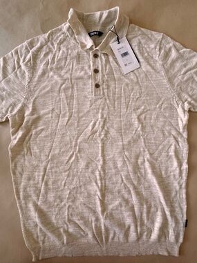 DKNY Sand Heathered Knit Short-Sleeve Polo Sweater, NWT, Men's Size M